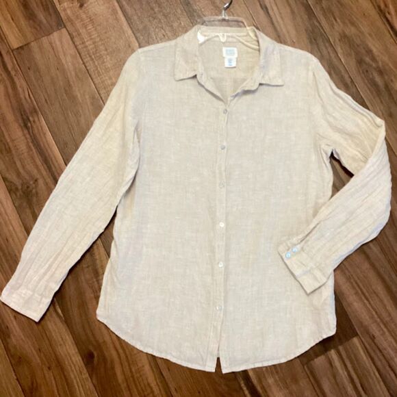 Sigrid Olsen Women's Linen Roll-tab Sleeve Button-up Shirt Top in Beige Medium - Picture 7 of 8